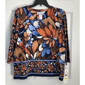 ALFRED DUNNER TOPS PETITE MEDIUM FLORAL PULLOVER 3/4 SLEEVES AUTUMN WEEKEND